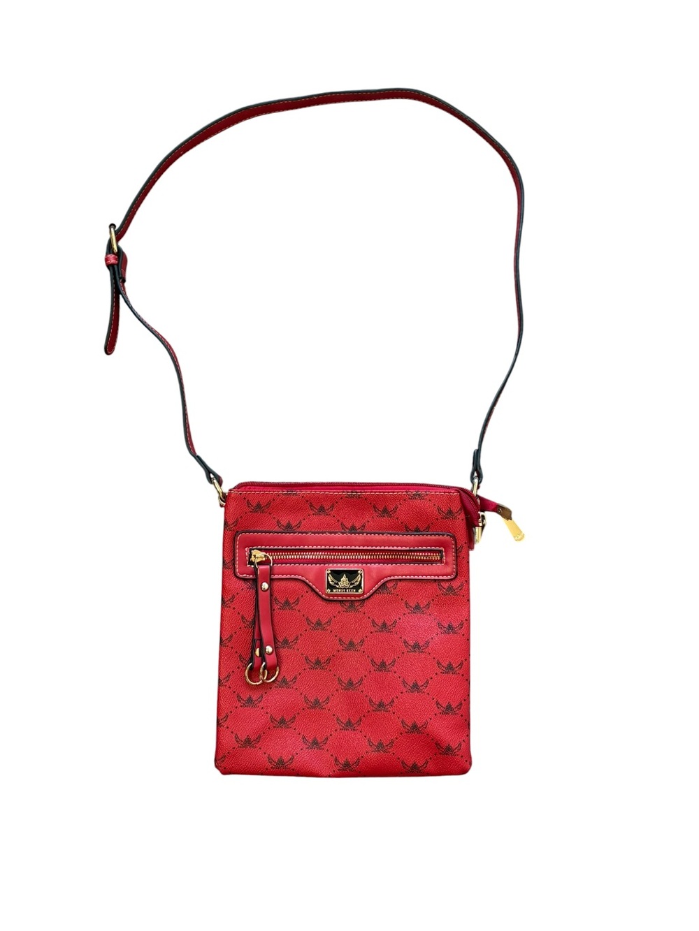 Red Patterned Crossbody Bag with Gold Hardware